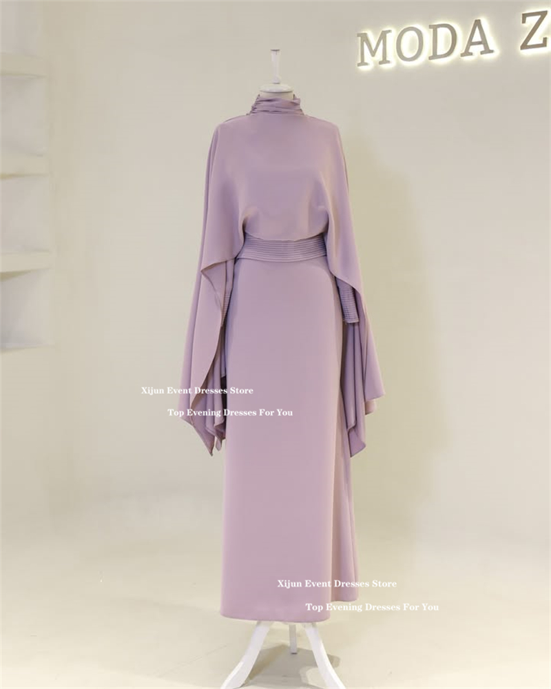 Xijun Crepe Modest Evening Dresses High Collar Pleats Formal Prom Dresses Long Cape Sleeves Muslim A-Line Prom Gowns Customized
