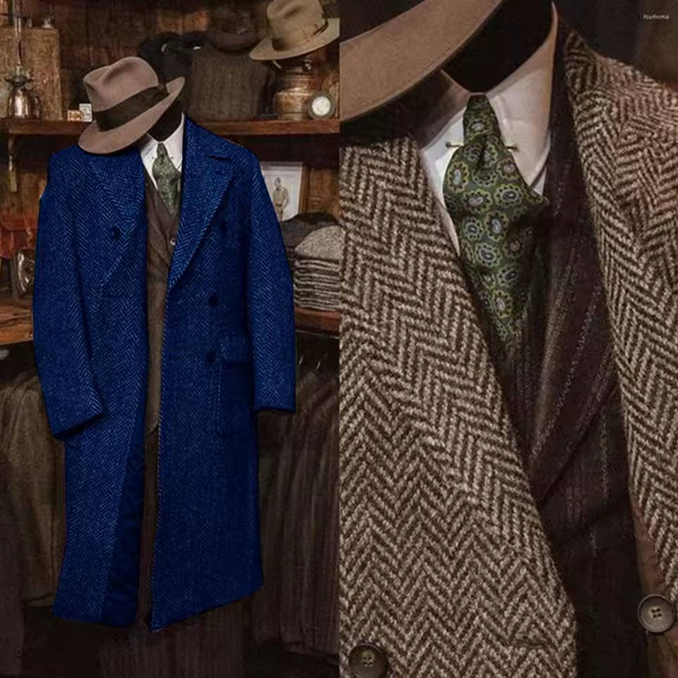 Veste longue en Tweed à motif de chevrons pour hommes, Slim, Design à la mode, vêtements d'hiver pour hommes, décontracté, Business, nouvelle collection 2025