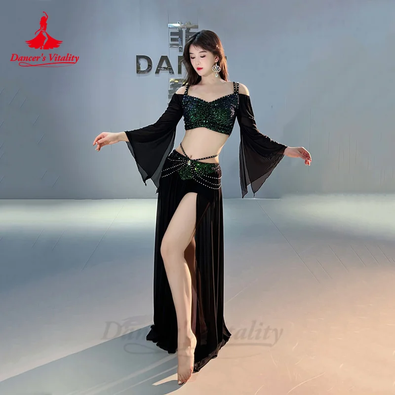 ベリーダンス衣装セット女性用メッシュ長袖トップ + ガーゼロングスカート 2 個トレーニングセットオリエンタルベリーダンスウェア衣装