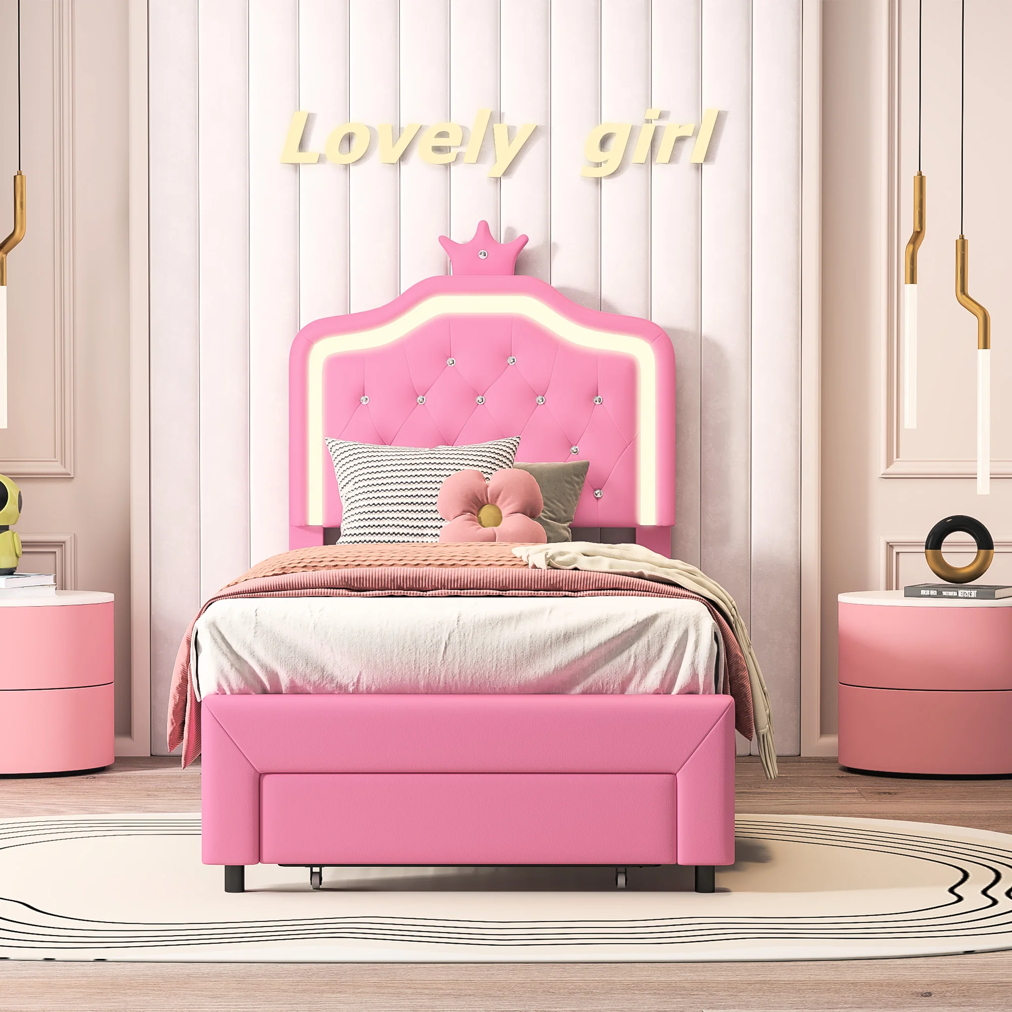 Cama infantil com gaveta e luz, cabeceira de PU Crown Design, cama de solteiro, mobília do quarto, sem colchão, 90x200cm