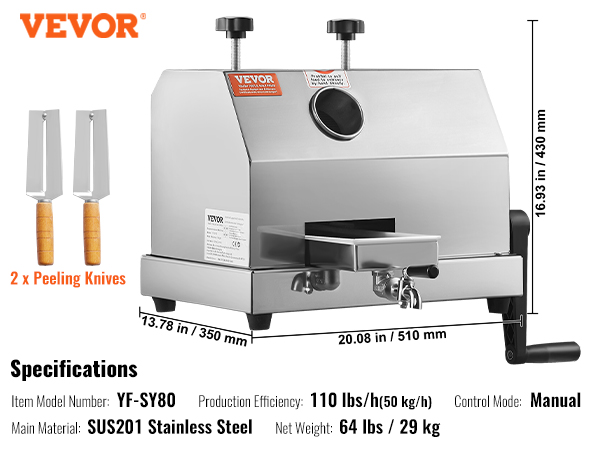 VEVOR Extractor de Caña de Azúcar Manual Exprimidor de Caña de Azúcar 50 kg/h Acero Inoxidable con 3 Rodillos Exprimidor de Cítricos de Entrada Grande para Extracción de Zumo Domésticas y Comerciales