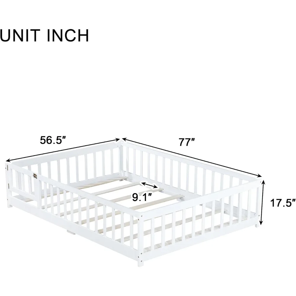 Full Size Floor Bed with Fence and Door, Rubber Wood Floor Bed w/Safety Guardrails/Near The Ground, Easy to Assemble & No Box Sp
