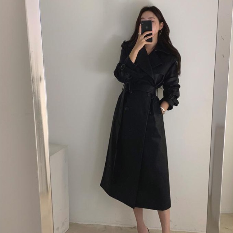 Slish Autumn Winter Vintage Suit Collar Double Row Button Versatile Slimming Medium Length Leather Jacket Women's Coat