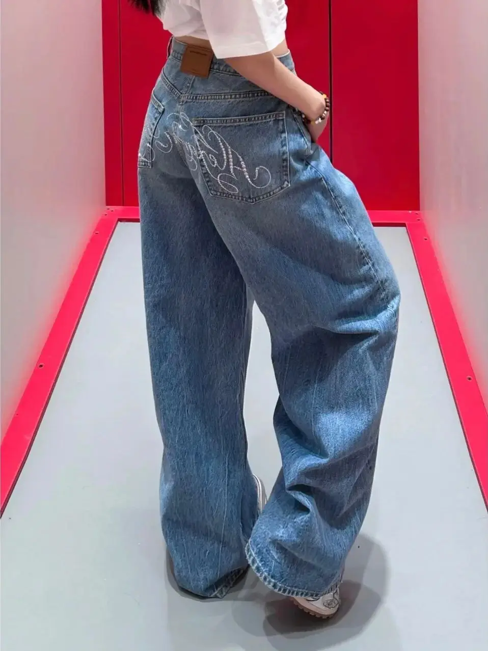 2025 Blaue Jeans für Damen, Y2K-Retro-Hose mit hoher Taille und geradem Bein, lockere, große Denim-Hose mit weitem Bein, vielseitige Jeans mit hoher Taille