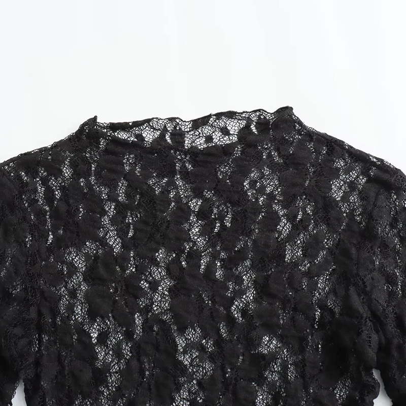 スリムフィットレースジャンプスーツトップス&パンツセットセクシーな長袖フラワー中空デザインOネックセクシーなジャンプスーツハイウエストパンツブラック