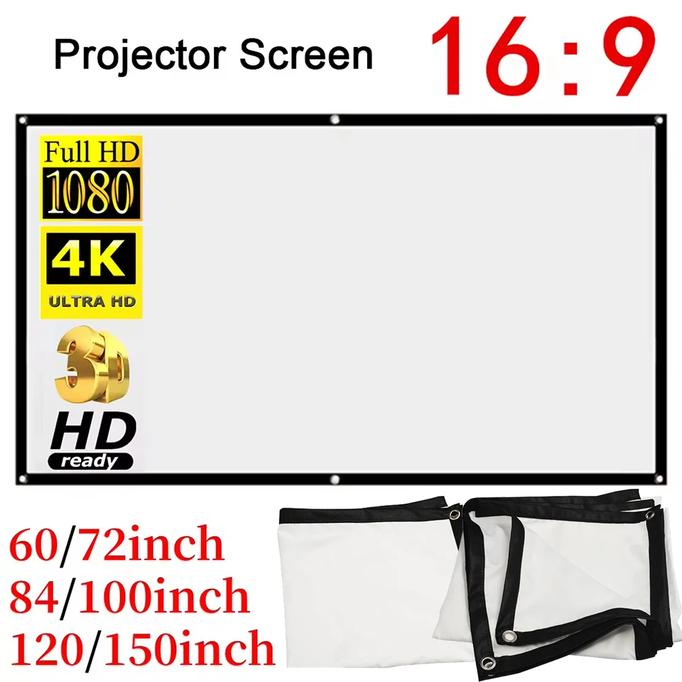 16:9 HD Display Projector Curtain Various Sizes Projection Screen 4K High Quality for Home Office Household Bedroom Accessories