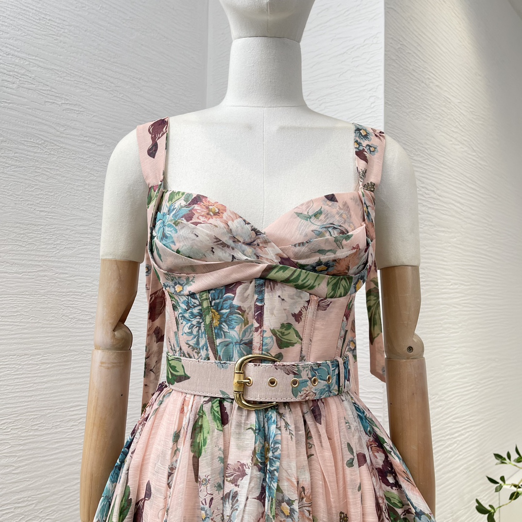 Gaun Midi Spaghetti Wanita Bertali Shirred Lipatan Tanpa Tali Tanpa Lengan Kualitas Tinggi Sutra Linen Cetak Bunga Merah Muda untuk Liburan