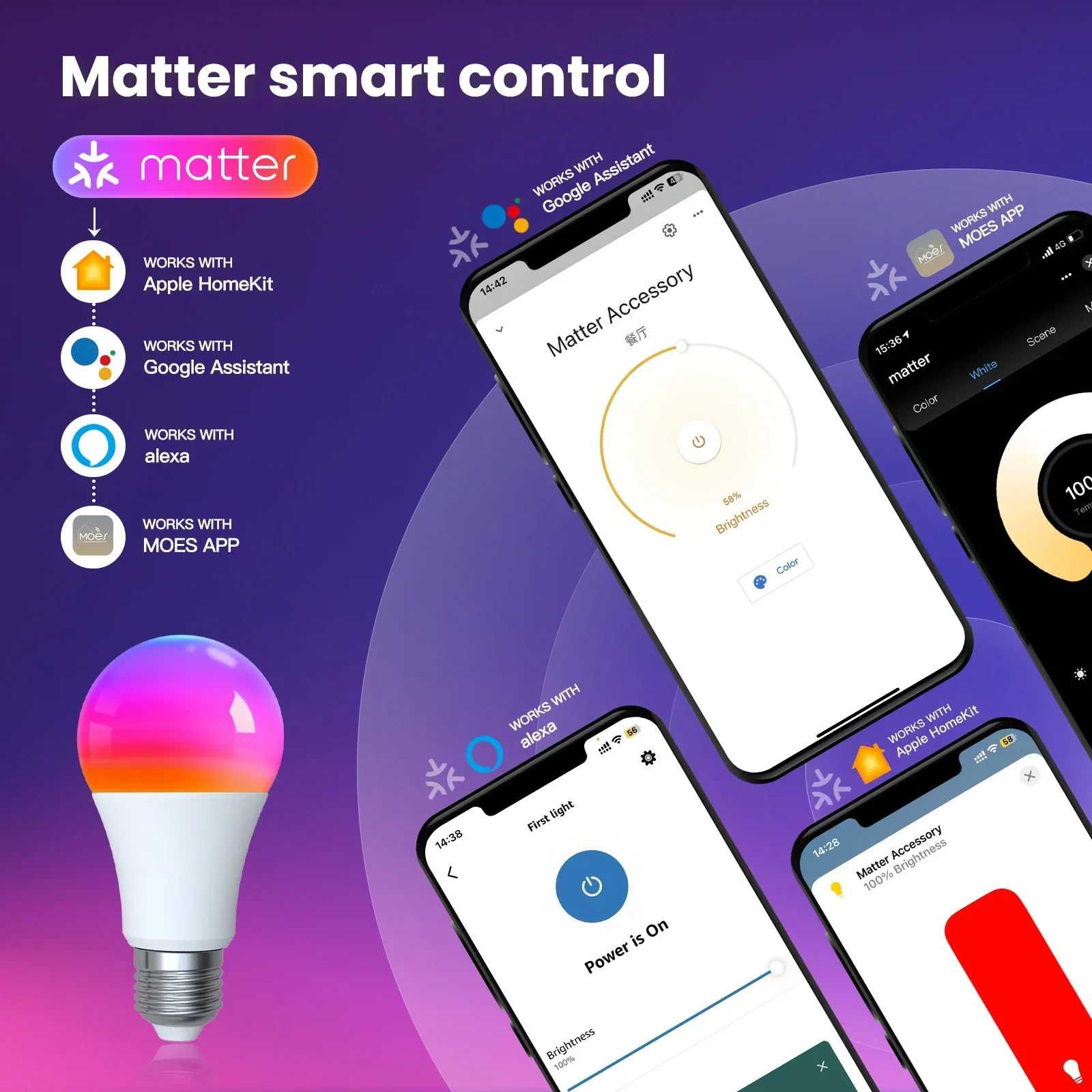 MOES Tuya Matter WiFi Lampadina intelligente Dimmerabile Luce a Led 16 milioni di colori RGB E27 Lampada a candela Controllo vocale Alexa Google Home