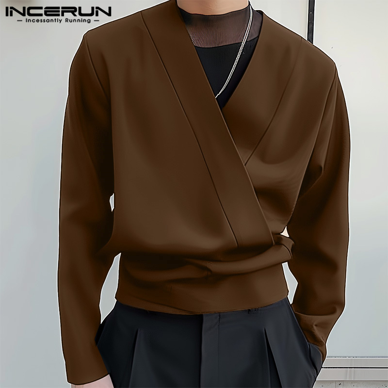 INCERUN-Tops de estilo coreano para hombre, camisas con diseño de deconstrucción, ropa de calle informal, blusa de manga larga con cuello en V liso, S-5XL 2024