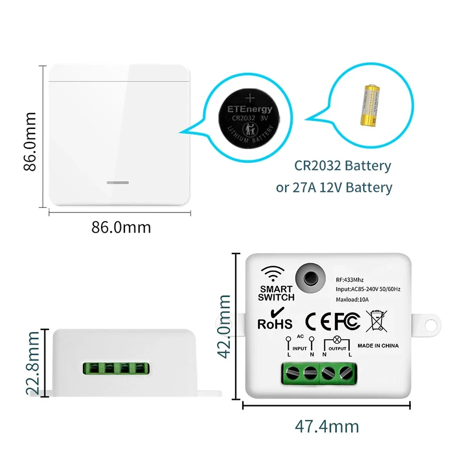 Smart Wall Switch for Led Lighting RF 433Mhz Wireless Switch Remote Control Interruptor Module 10A 100-240V 86mm 1/2/3 Gang