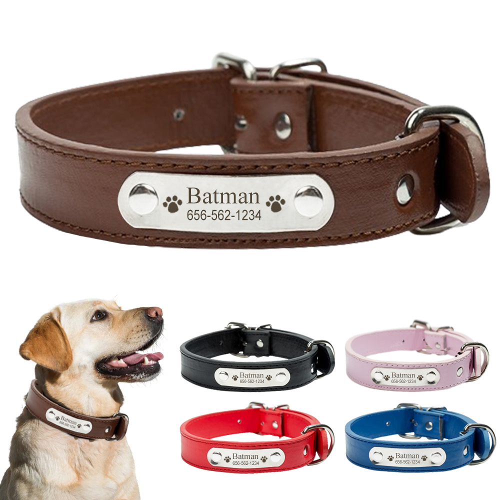 Collar de perro de cuero PU personalizado, duradero, ajustable, grabado, etiqueta de identificación de nombre, Collar personalizado para mascota, cachorro de perro pequeño, mediano y grande