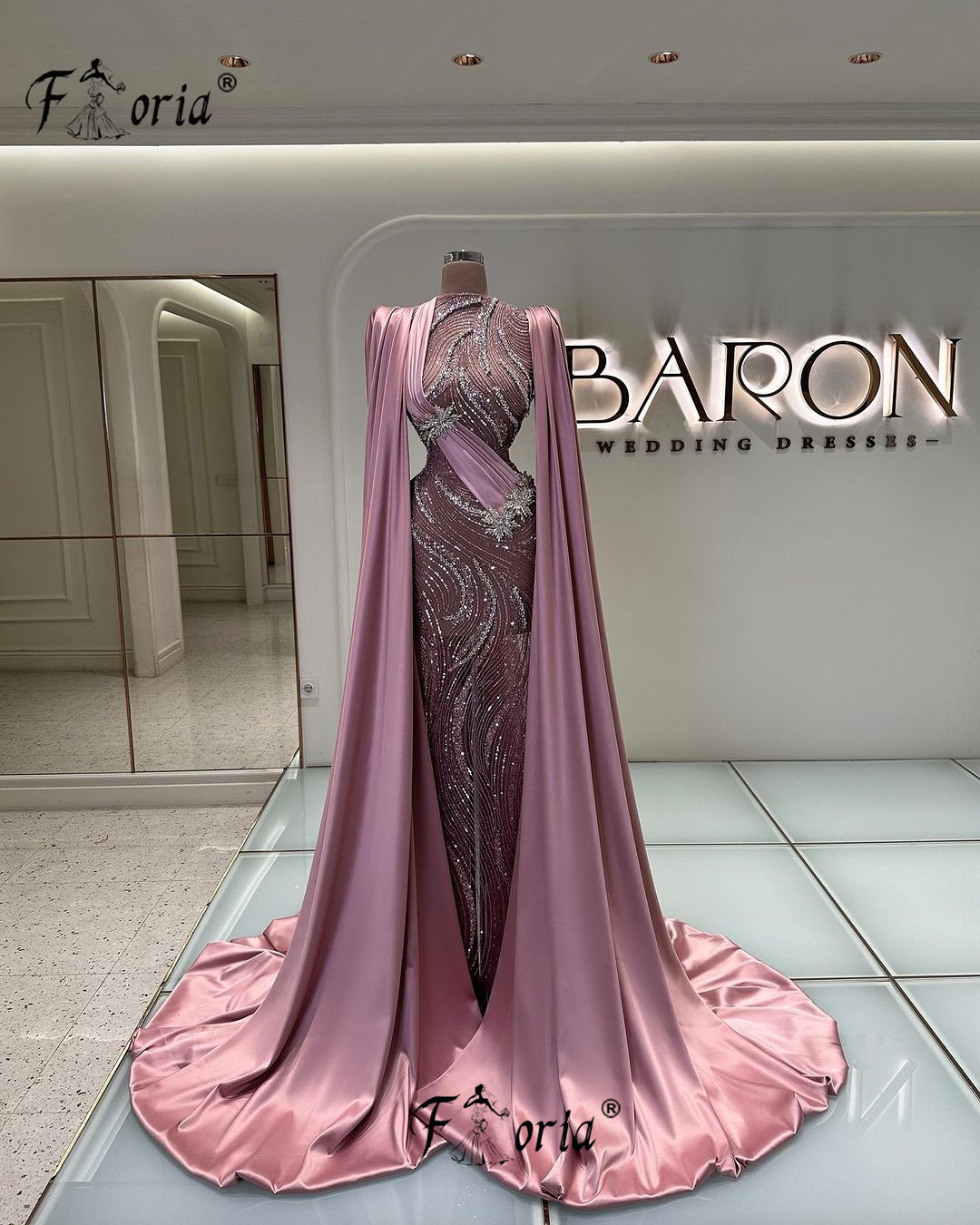 Modest Pink Evening Wedding Dresses with Long Shawl Beads Crystal Mermaid Customized Formal Party Dress Elegant Gala Robe Soiree