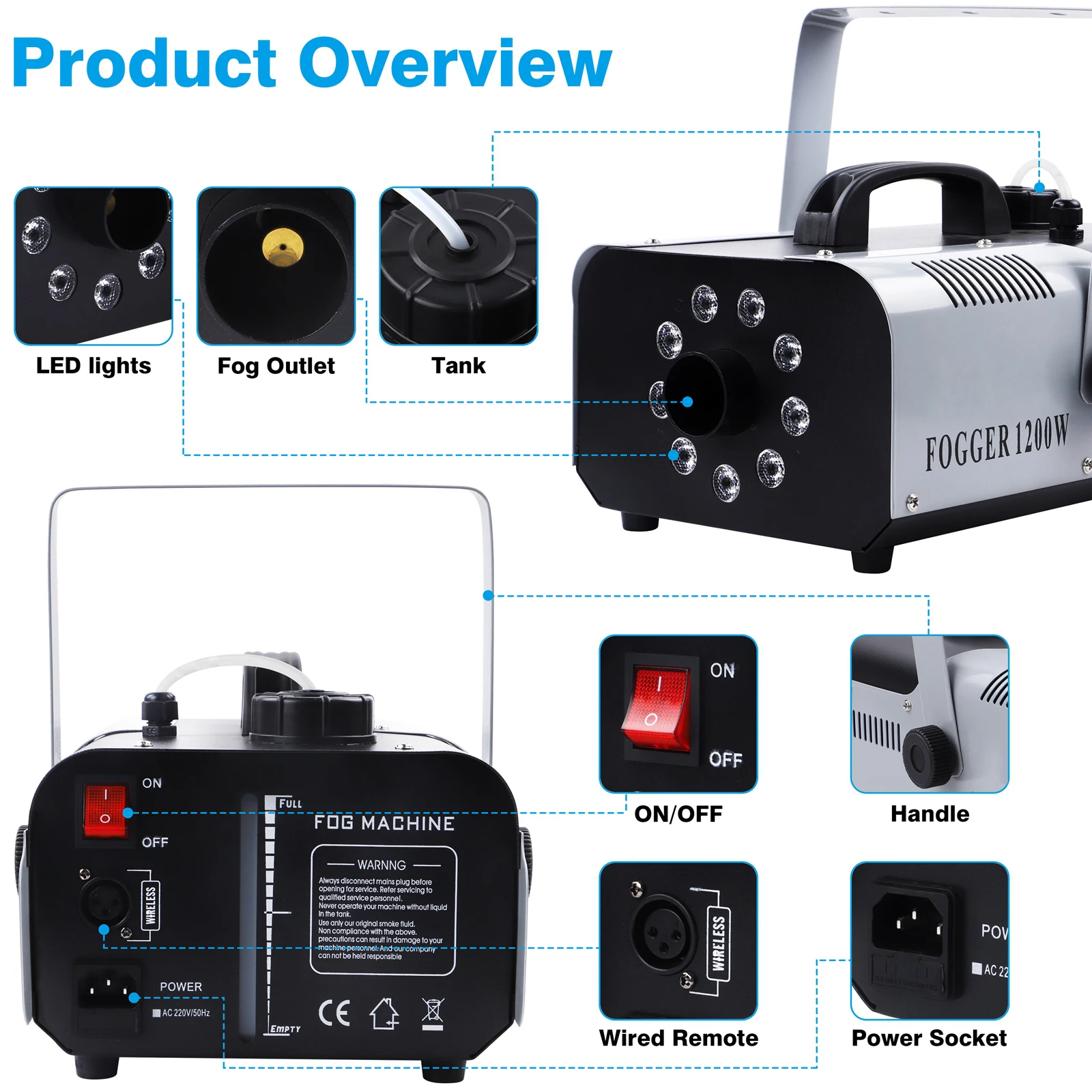 Fieryzeal 1200W 9 LEDs Smoke Machine RGB Fog Ejector Stage Effect Fogger Spray Equipment Fog Machine