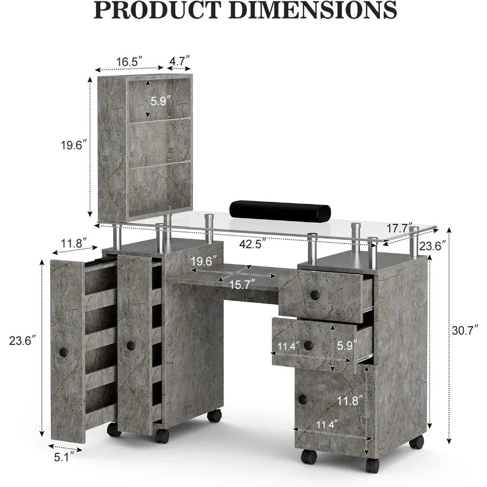 Manicure Table, Glass Top Nail Tech Table Nail Desk Station for Nail Tech w/Shelves, Wrist Cushion, Lockable Wheels