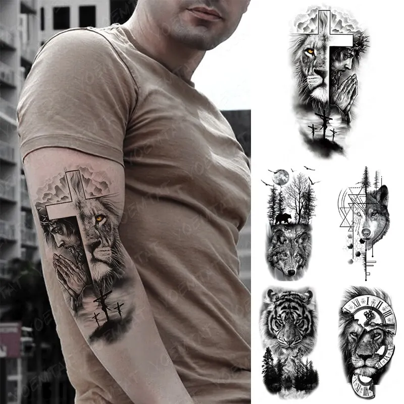5PCS Wasserdicht Temporäre Tattoo Aufkleber Beten Kreuz Löwe Tiger Wolf Kreuz Wilden Tier Frauen Männer Arm Gefälschte Hülse Tattoos