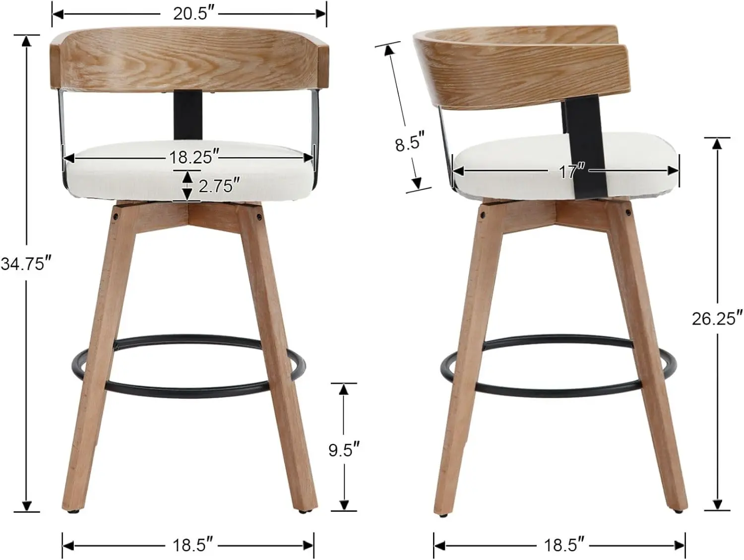Swivel Bar Stools Set of 2, 26" Counter Height Bar Stool Footrest Modern Wood Barstools Linen Upholstered Seat Counter Stools