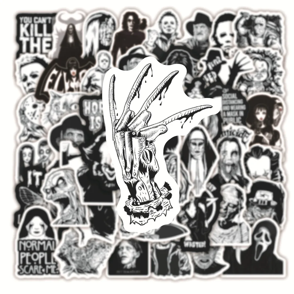 50 pçs legal preto branco suspense filme de terror adesivos diy brinquedos carro skate guitarra bagagem decalque adesivo à prova dwaterproof água