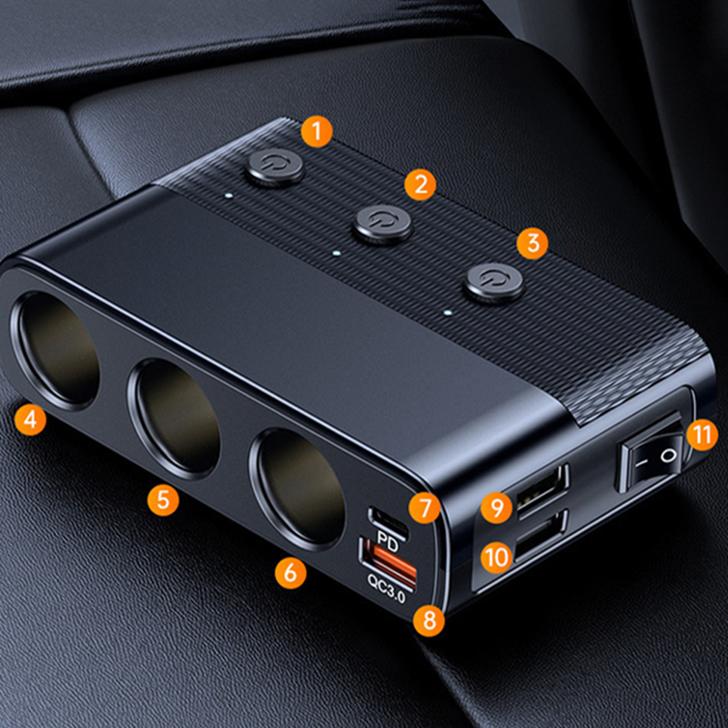 128 ワット 7 で 1 車の充電器アダプタデュアル USB 充電 3 ポート高速ソケット多機能シガーライタースプリッタ充電スイッチ付き