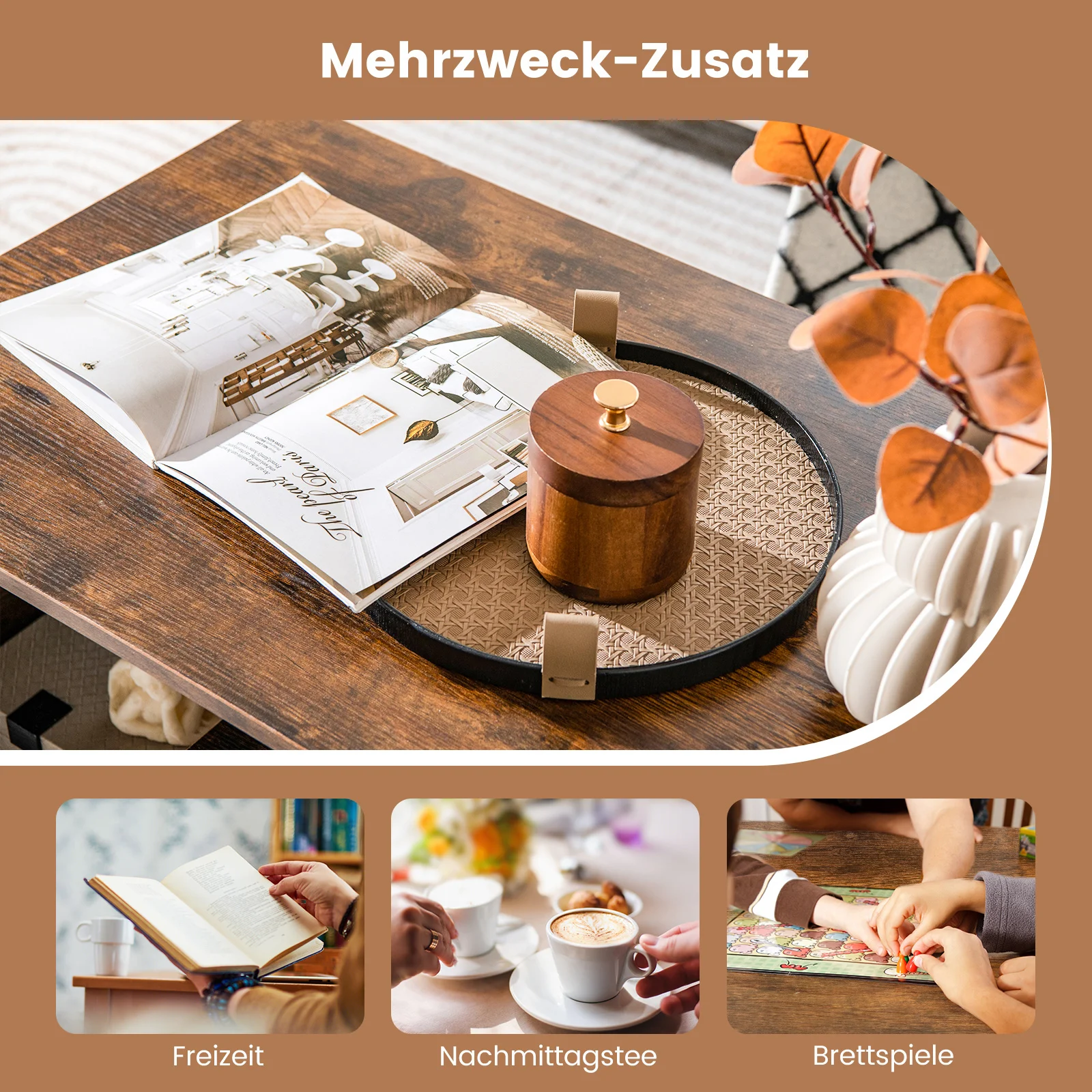 Couchtisch mit Stauraum, rechteckiger Wohnzimmertisch Retro mit L-förmiger Mittelablage, 3-stufiger geometrischer Kaffeetisch