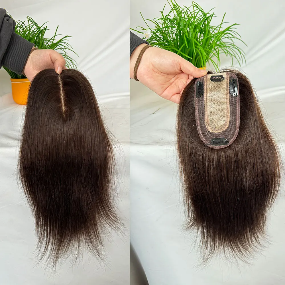 Toppers Voor Vrouwen Met Dunner Wordend Haar Echt Menselijk Haar Clip In Haarstukken 12in Middenscheiding Zijde Basis Haarstuk Toupet Pruik 3X5