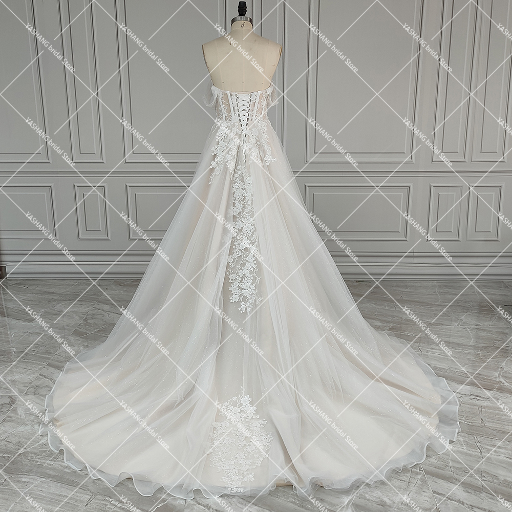 Luxe shimmer tule fora do ombro vestido de casamento com flores 3d bordadas querida inchado rendas até vestidos de noiva personalizados