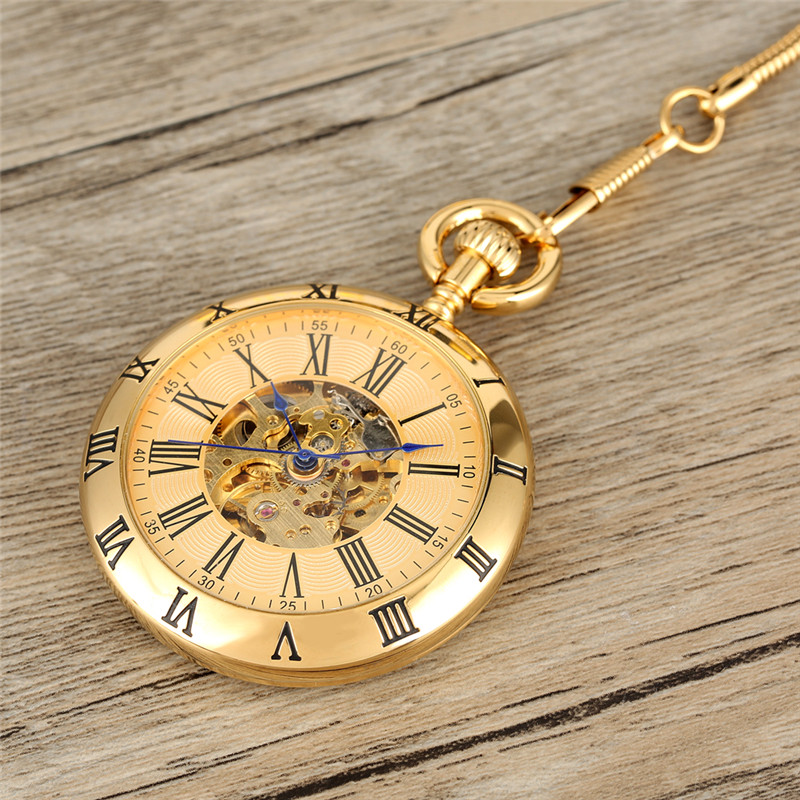 Gold/Silber Römische Ziffern Open Face Männer Frauen Mechanische Automatische Taschenuhr Anhänger Kette Uhr Skeleton Uhren Geschenk