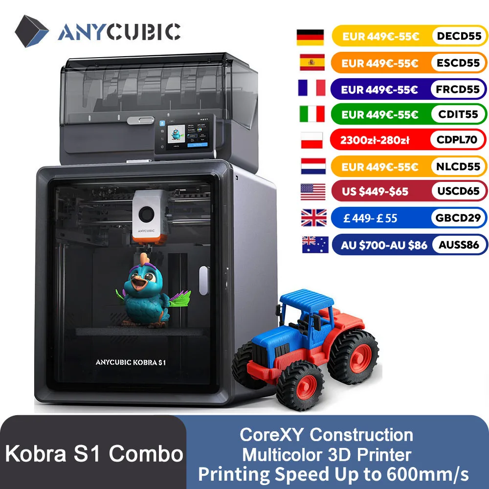 Anycubic Kobra S1 Combo Impressora 3D multicolorida Velocidade máxima 600 mm/s Núcleo XY Estrutura estável Impressora 3D ultrassilenciosa de alta precisão