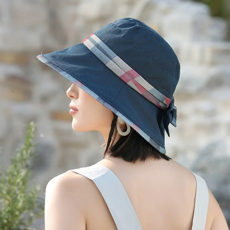 2025 Middle-aged and Elderly Women's Outdoor Travel Fisherman Hats Bow-knot Fashionable and Elegant Plaid Basin Hats Sun Hats