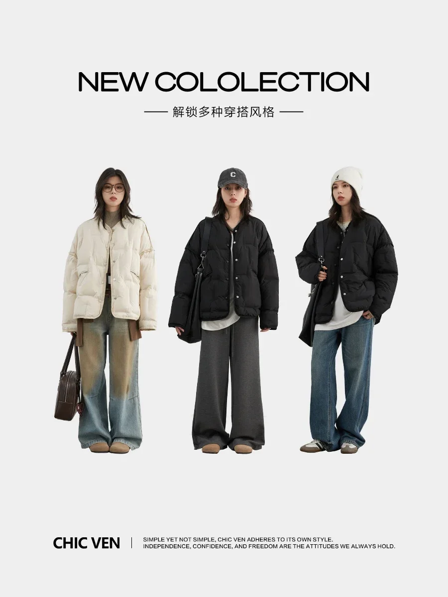 CHIC VEN-abrigos de plumas para mujer, chaqueta de plumón de pato blanco liso, informal, holgado, abrigo cálido, Otoño e Invierno 2024