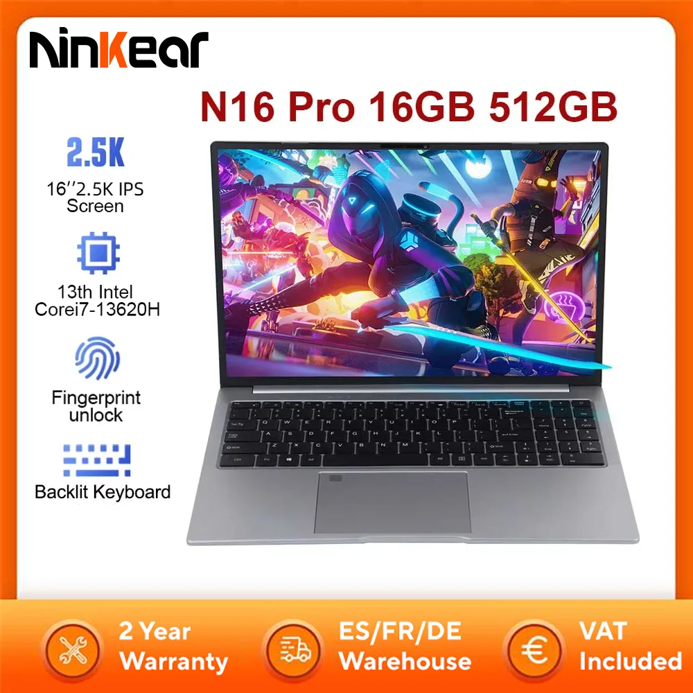 Laptop Ninkear N16 Pro 16GB 512GB 13. generacji Intel i7-13620H 16'' 2.5K IPS 120Hz Komputer do gier 57.75Wh Notebook z odblokowaniem odciskiem palca