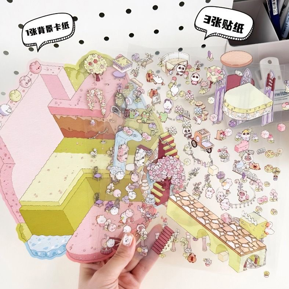 Plus Size Ice Snow World 3D Scene Sticker Cabin Miniature 2.5D Landscaping Stickers Stacking Sticker Christmas Gift for Children