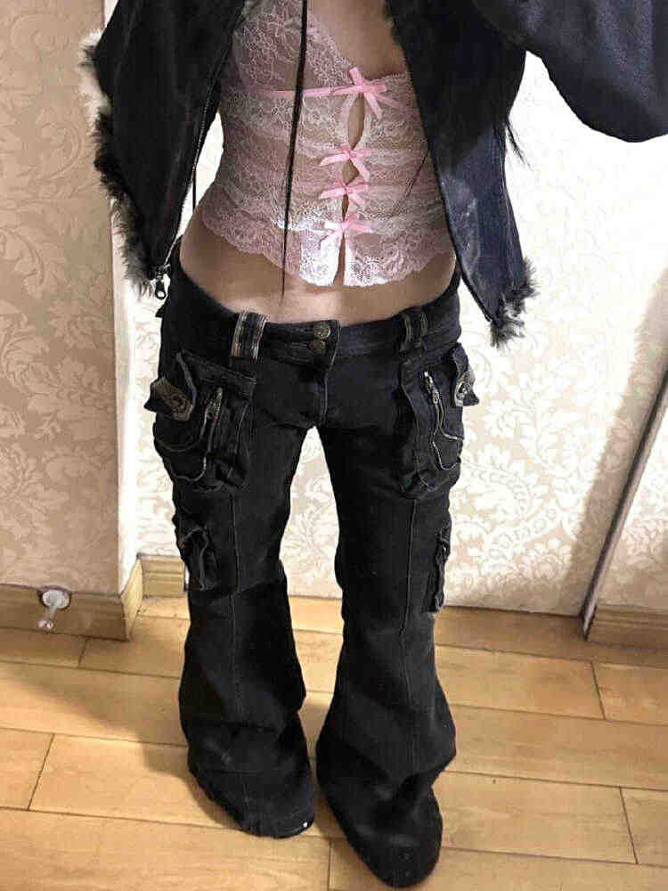 女性ギャル日本サイバーパンクベルボトム原宿 Y2K ダークアカデミアジーンズローライズフレアデニムパンツゴブリンコアハロウィン