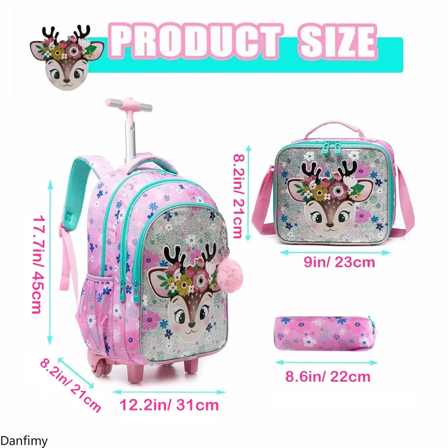 子供のための学校のバックパック、女の子と男の子のための車輪付きのおもちゃのバックパック、車輪付きのランドセル、メッセンジャーバッグ、3個