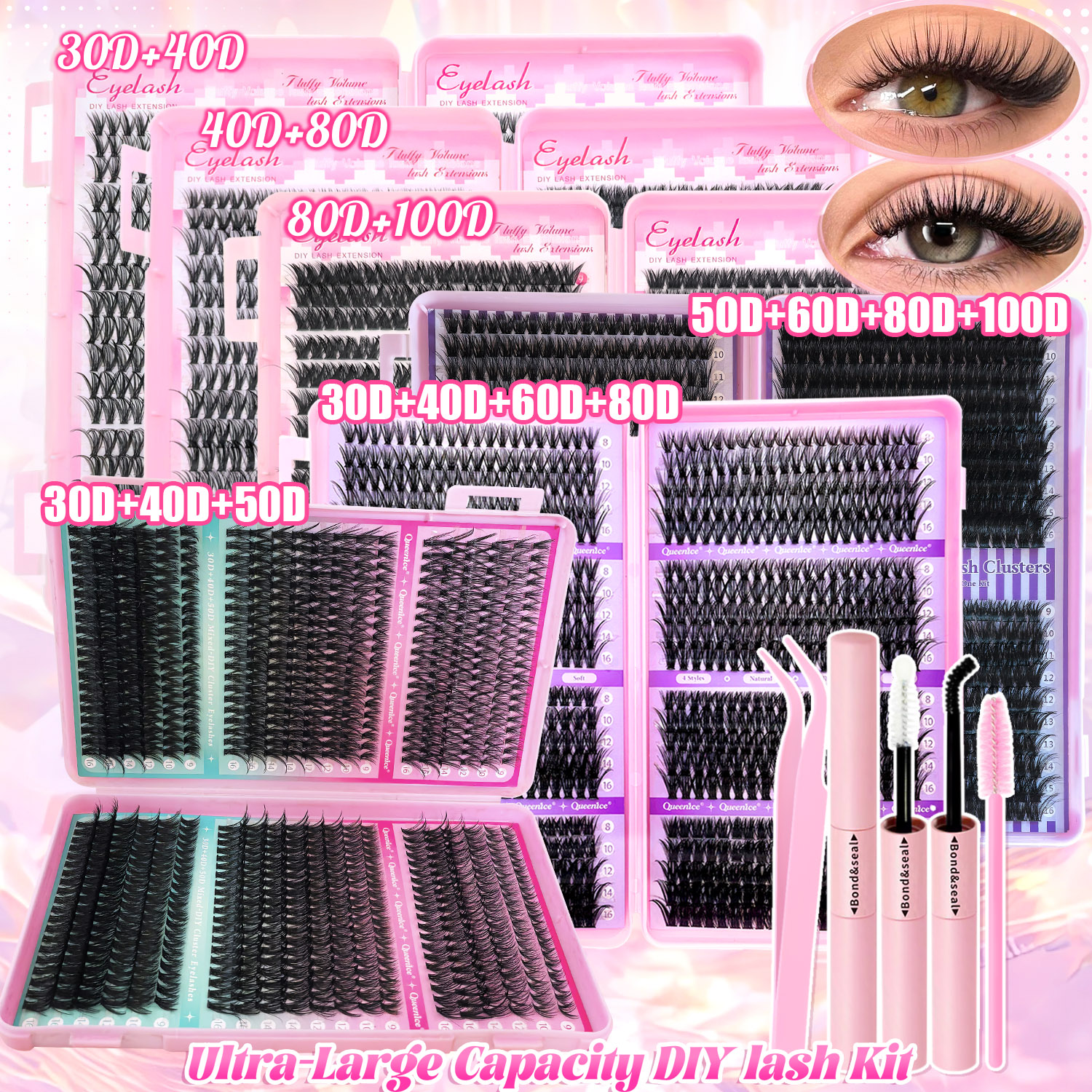 DIY Lash Extension Kit Clusters Individual Eyelashes Kit 9-16mm with Bond and Seal Wispy Natural Mange Lashes