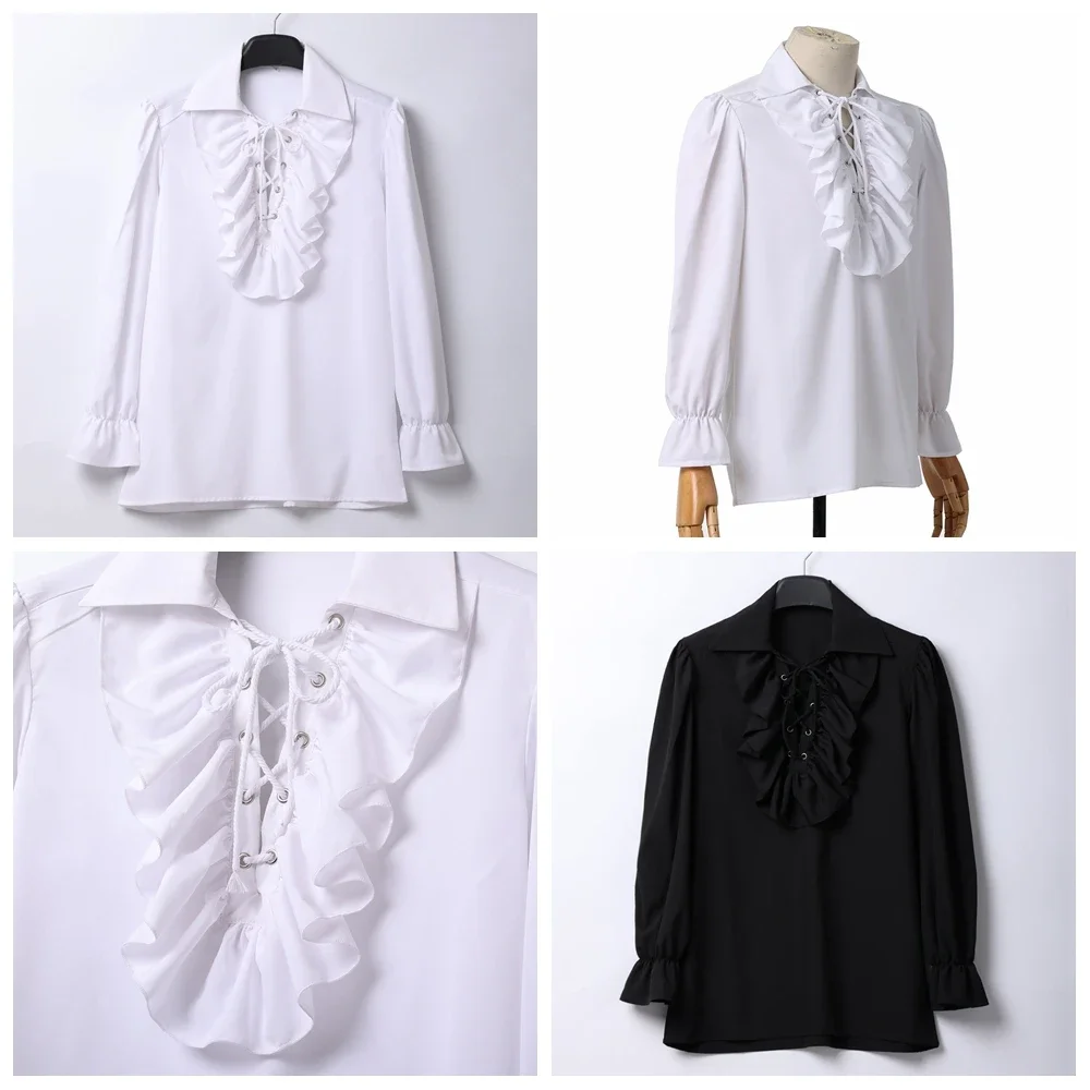 Camicia da uomo pirata Vampiro Principe Poeta Camicie Buccaneer medievale con volant Con lacci Camicetta gotica vintage rinascimentale