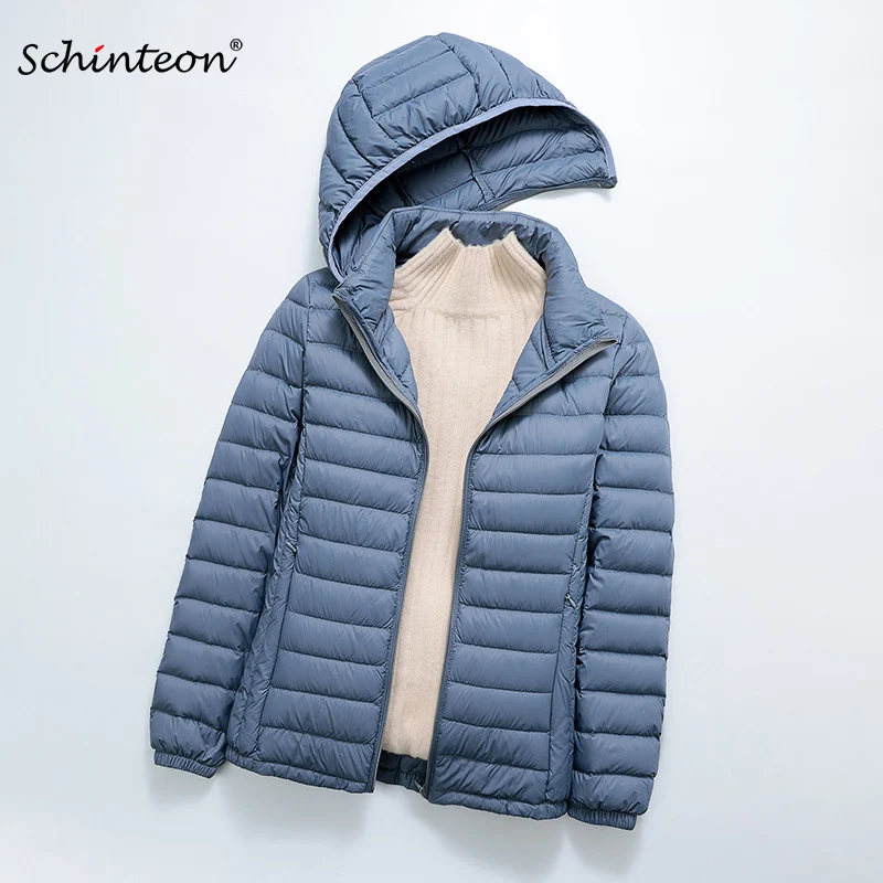 Schinteon jaqueta feminina ultraleve 90% pato branco com capuz removível outono inverno fino outwear armazenamento portátil 2024 novo