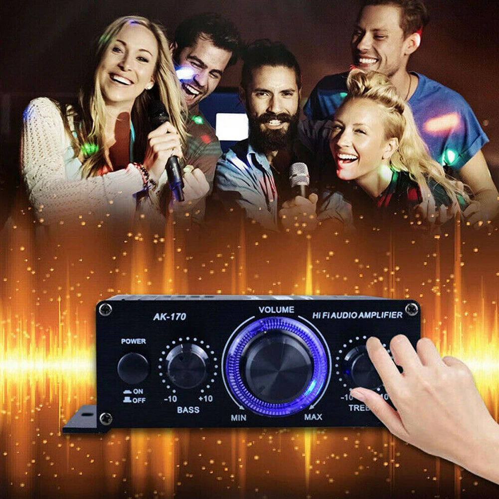 AK170 ミニデジタルパワーオーディオカーアンプブルーライトステレオオーディオアンプホームシアタークラブパーティー音楽 200Wx2 電源