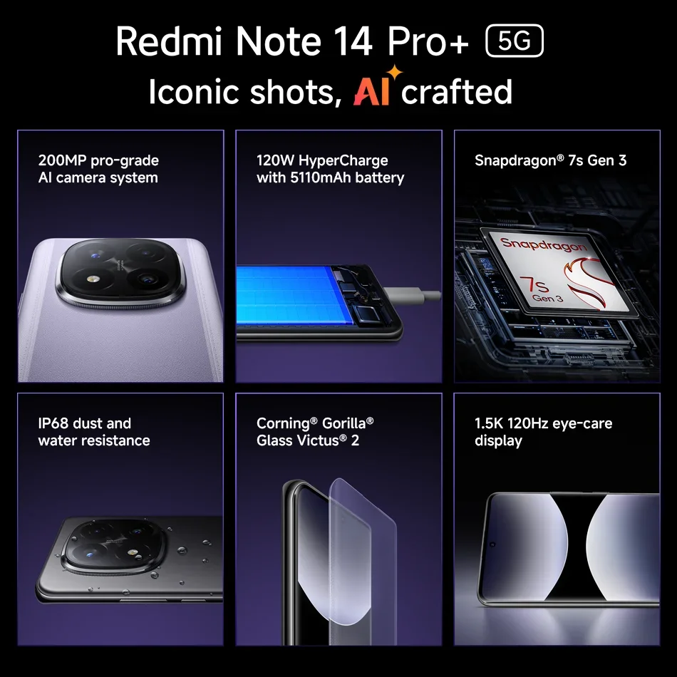 【Brand+】 Xiaomi Redmi Note 14 Pro+ 5G Smartphone 200MP AI camera Snapdragon® 7s Gen 3 120W HyperCharge 6.67 AMOLED display