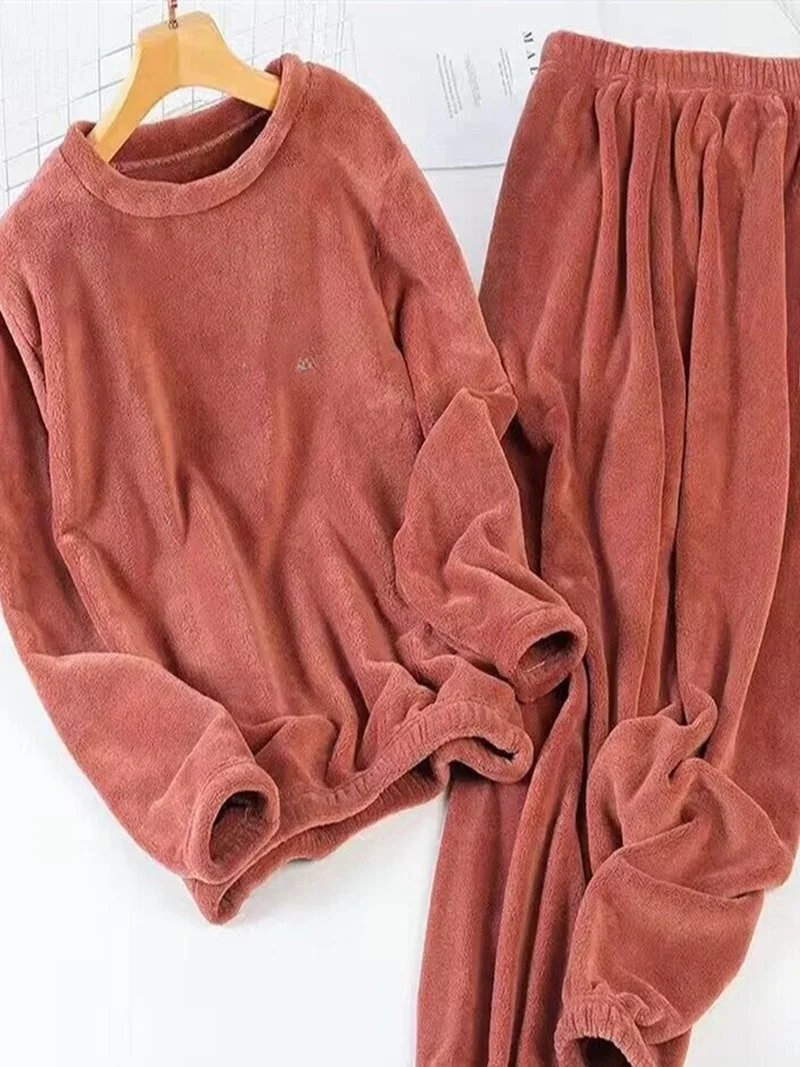 Thiened Coral Fce Spwear Set for Men And Women Warm Home Clothes Sports Outfit Outerwear Long Sve round Ne Pajamas