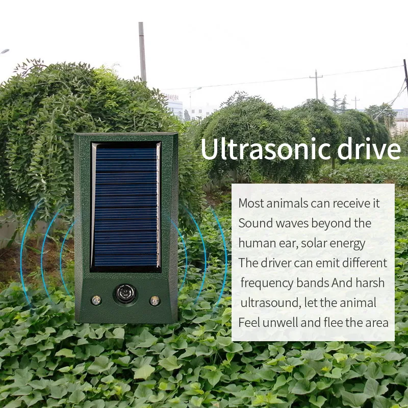 Solar powered ultrasonic rat repellent LED night time red and white explosion flashing bird repellent