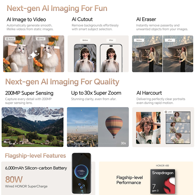 Versión Global Honor 400 Pro DNP-NX9 Snapdragon 8 Gen 3 6,7 "2800*1280 AMOLED 200MP 6000mAh 100W con cable y 50W NFC inalámbrico