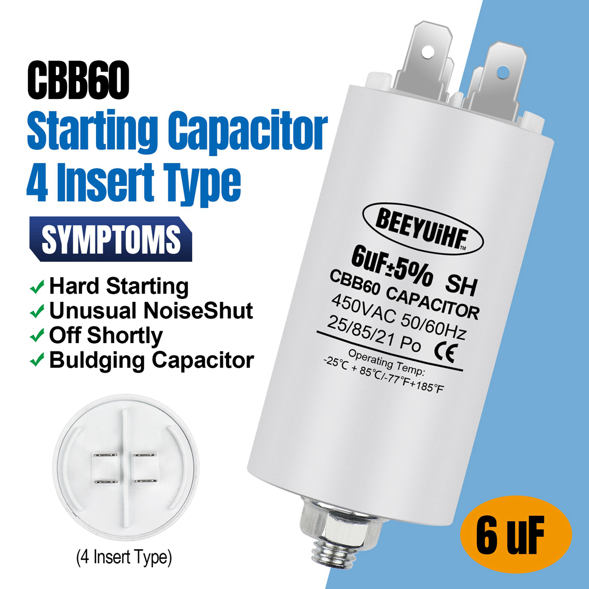 BEEYUIHF CBB60 Starting Capacitor 6uF~60uF Motor Capacitor 50 / 60Hz 450VAC with M8 screw for electric motor/washing machine