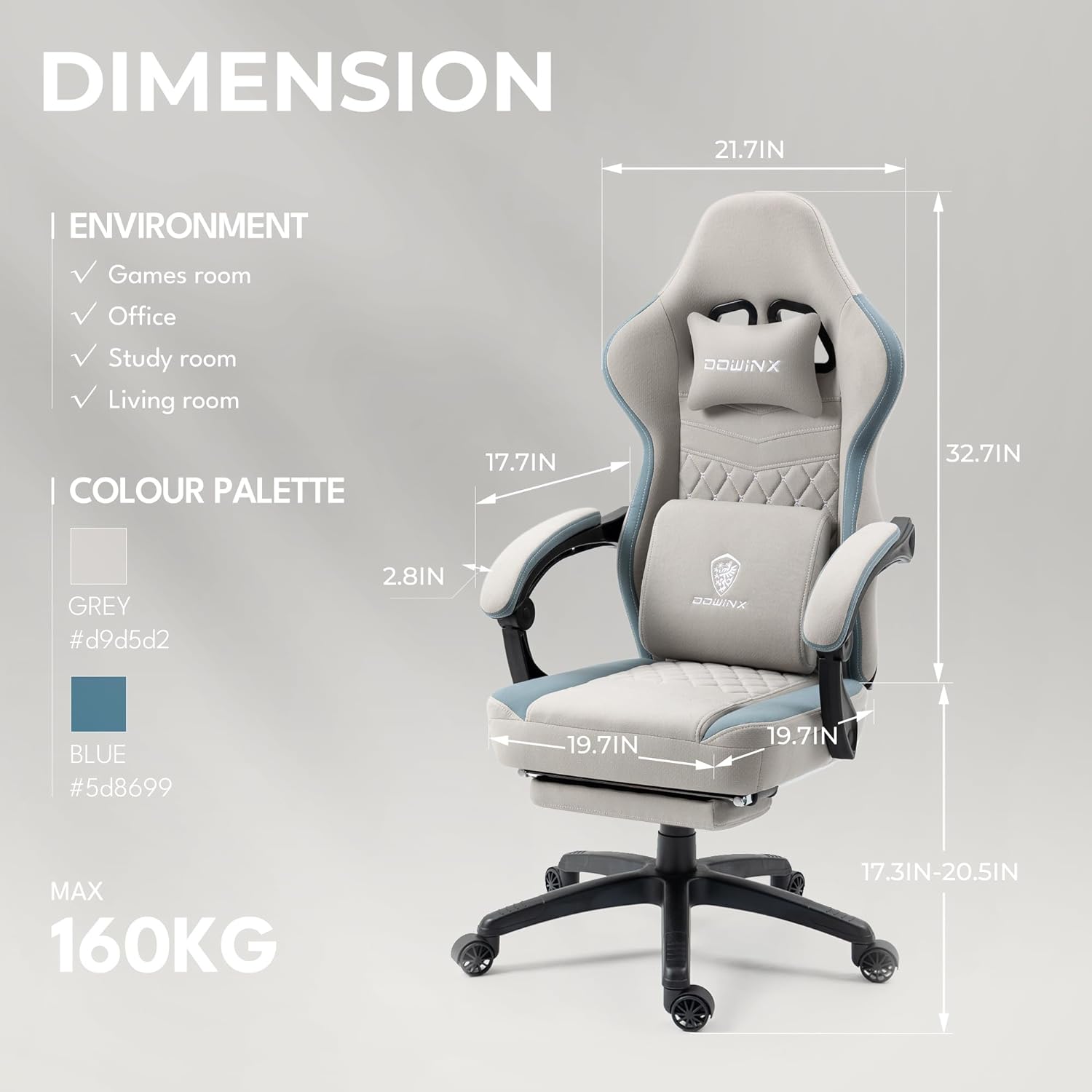 Dowinx Gaming Chair Breathable Fabric Computer Chair with Pocket Spring Cushion, Office Chair with Gel Pad and Storage Bag
