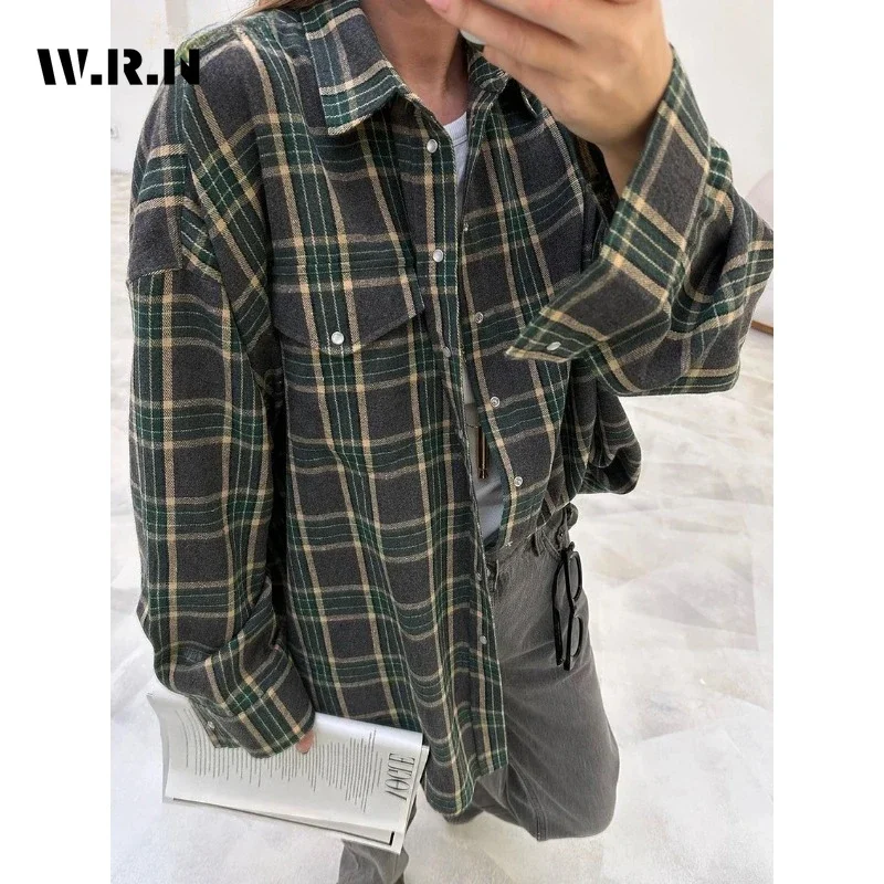 Clacive-Camisas de manga comprida xadrez feminina, blusa com renda de bolso vintage, blusa feminina elegante, folgada, na moda