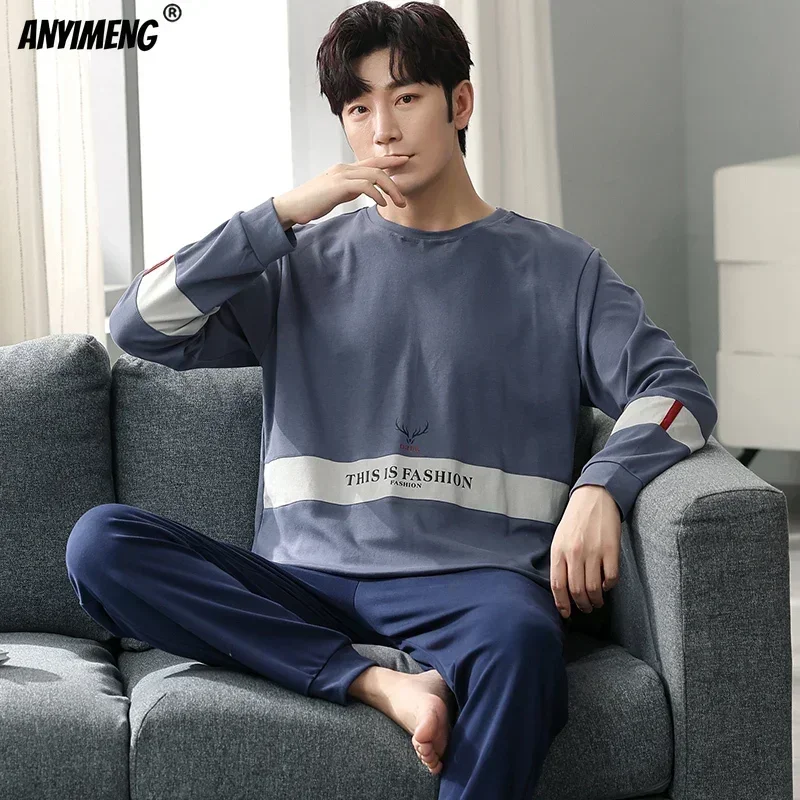 Conjunto de Pijama de algodón de talla grande para hombre, ropa de dormir informal de punto con cuello redondo, sólido, 4XL, Otoño e Invierno