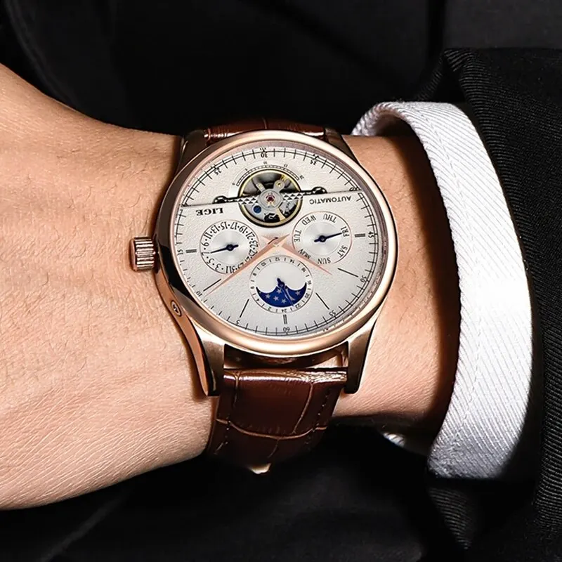 Lige นาฬิกาผู้ชายอัตโนมัตินาฬิกา Tourbillon หนังแท้กันน้ำนาฬิกาข้อมือทหารผู้ชาย