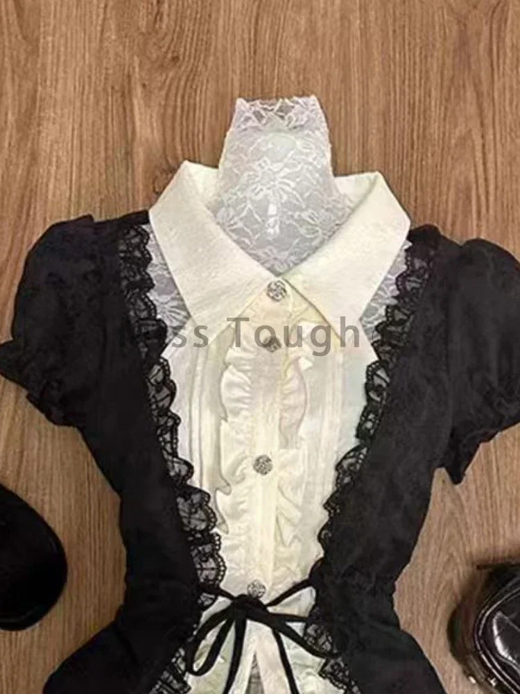 ファッション甘いスリム半袖 2 点セット女性デザインシックなラペルリボンパッチワークトップス + ハイウエスト薄いチェック柄ショートスカート新しい