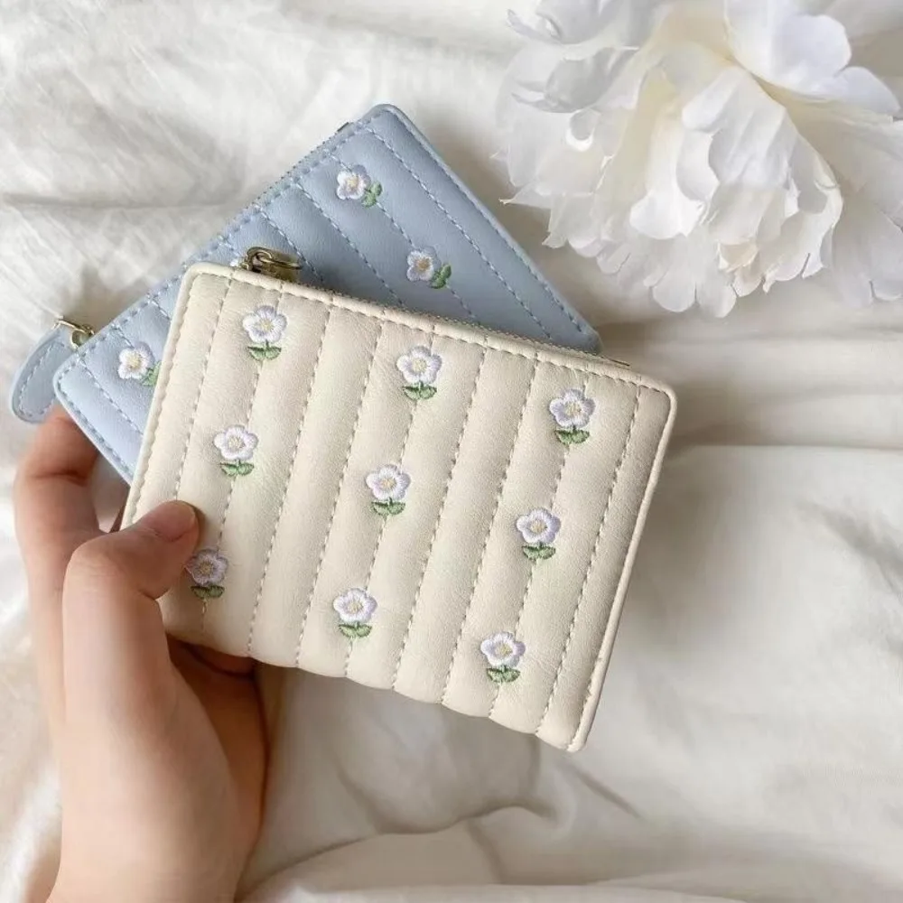 Cartera corta de cuero PU para chica, Mini bolsa de dinero con cremallera, tarjeteros de flores de Color sólido