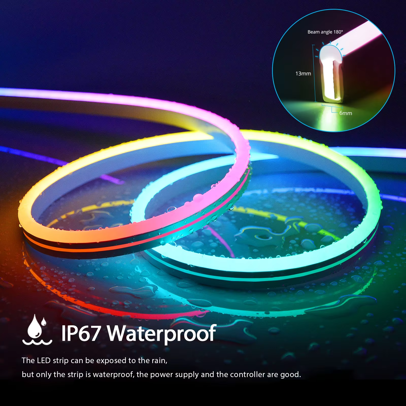 Luces de tira LED flexibles, luces de tira de neón que cambian de color RGB con aplicación/control remoto, luces de neón LED para exteriores impermeables IP67。