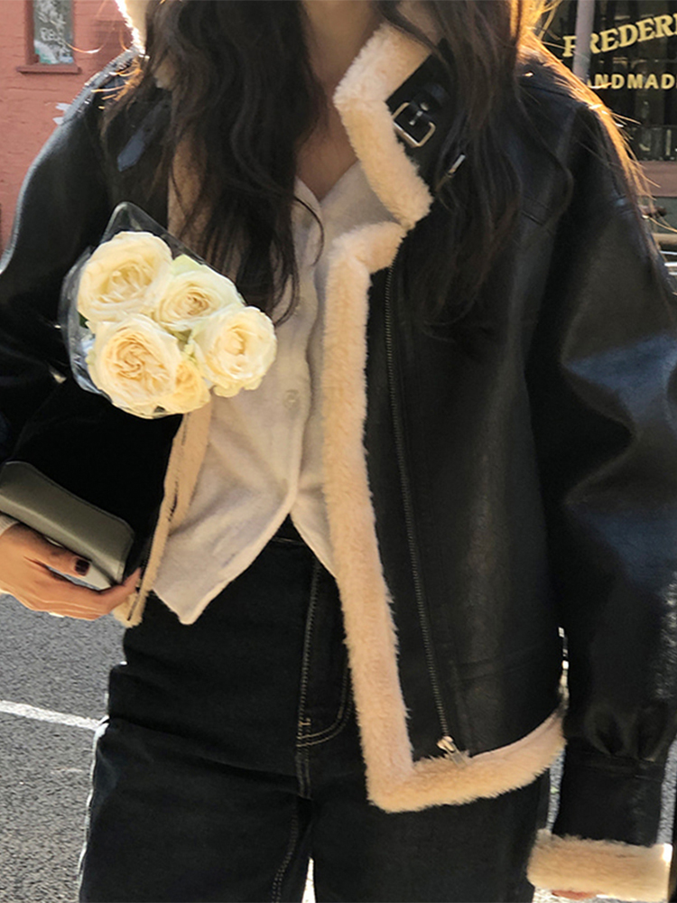 スタイリッシュなレトロ冬 PU レザージャケット女性のファッショナブルなスタンドカラーオールマッチバイカーコート長袖ジッパー開閉